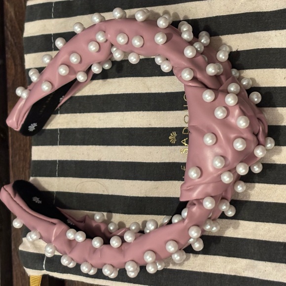 Lele Sadoughi Pink Leather Knotted Headband with Pearls - Picture 4 of 4